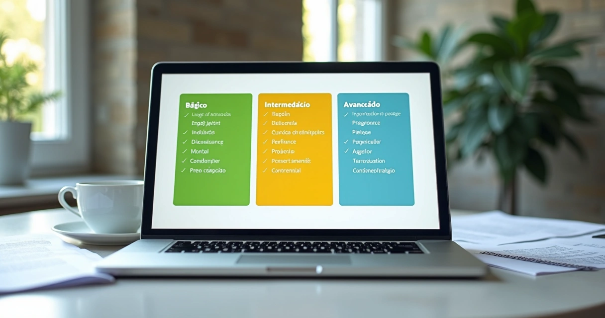 Três pacotes de serviços exibidos em laptop e papéis 