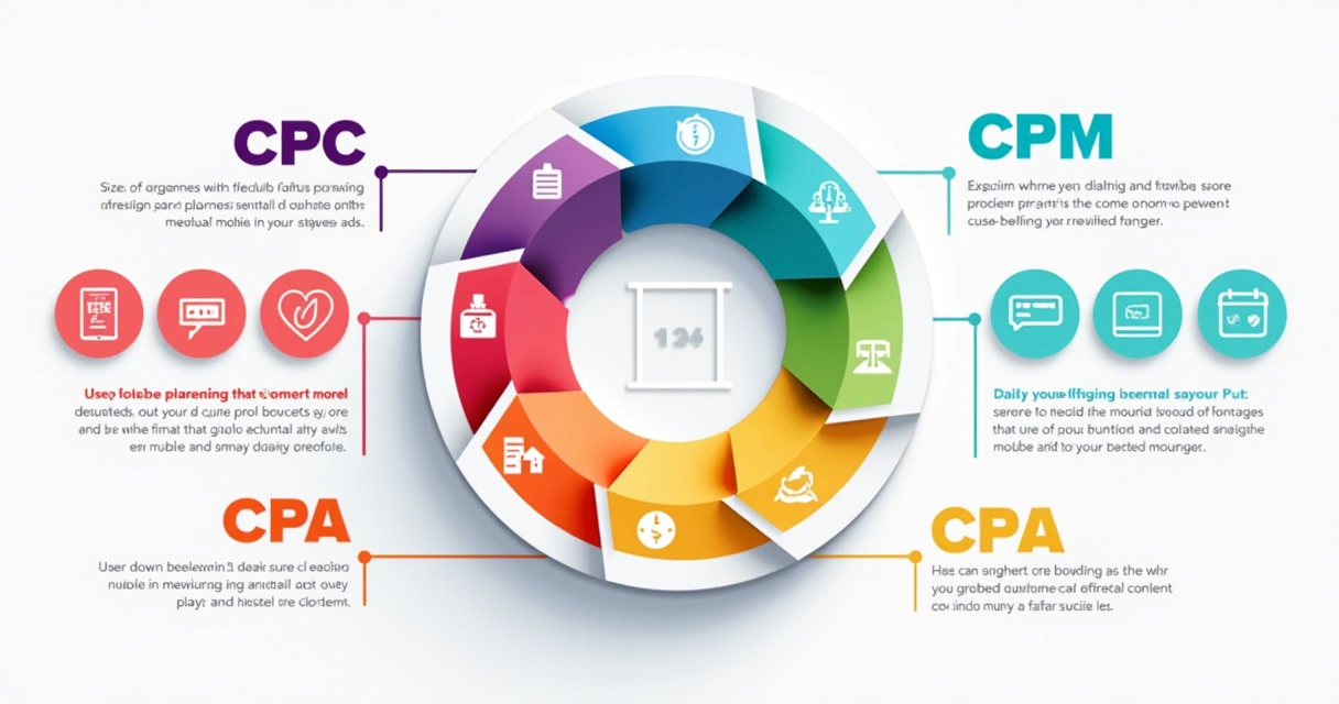 Gráfico colorido mostrando diferentes modelos de pagamento como CPC, CPM, CPA 