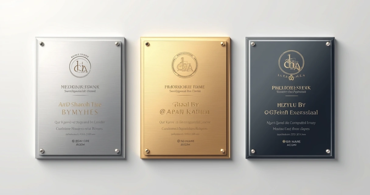 Exemplo de placas de homenagem em aço, latão e acrílico lado a lado 