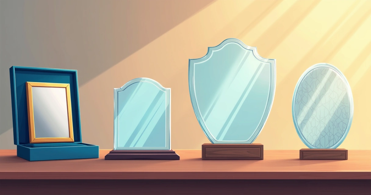 Diferentes modelos de placas de homenagem expostos em uma mesa 