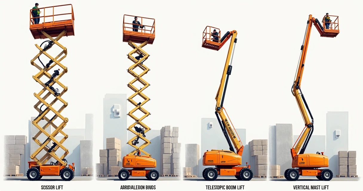 Modelos principais de plataformas elevatórias: tesoura, articulada, telescópica e mastro