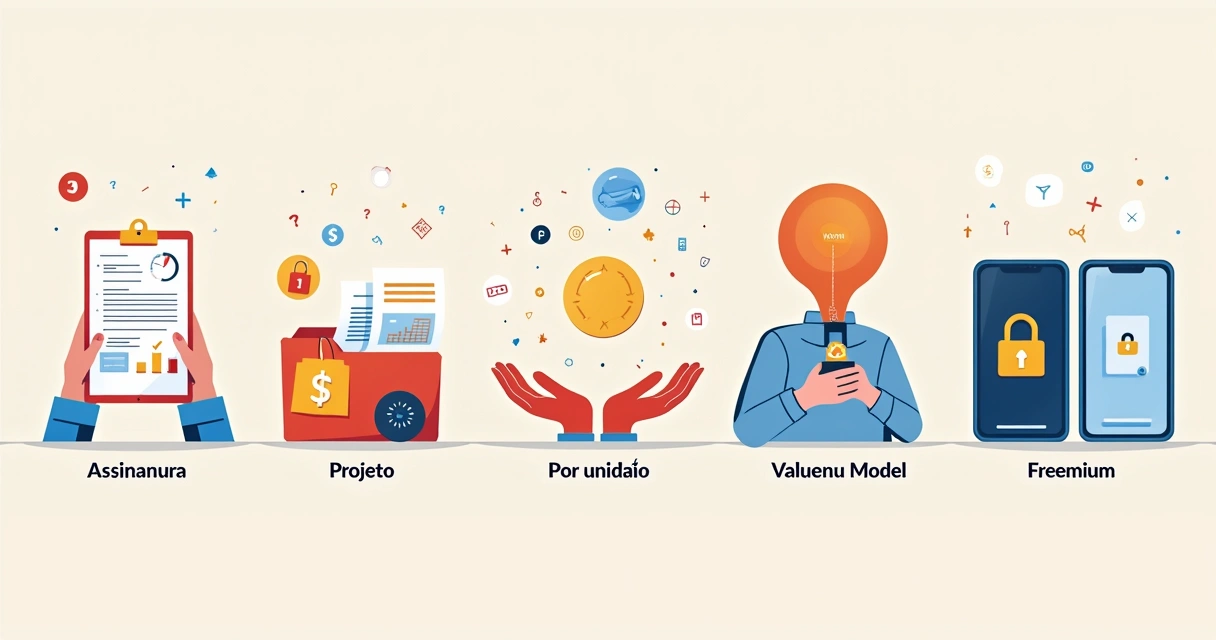 Ilustração de diferentes modelos de precificação, como assinatura, projeto, valor e unidade em cartões ou etiquetas coloridas