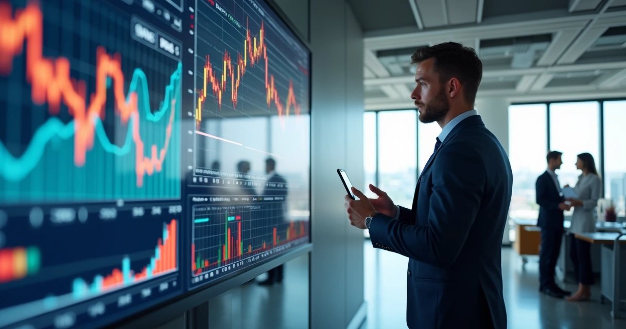 Profissional de negócios analisando gráficos de risco em tela digital 