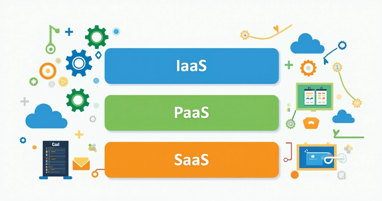 Diagrama comparando IaaS, PaaS e SaaS em três blocos coloridos 