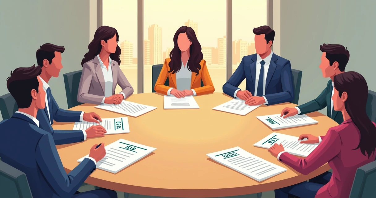 Ilustração de diferentes pessoas ao redor de uma mesa redonda, cada uma representando um tipo de modelo societário 
