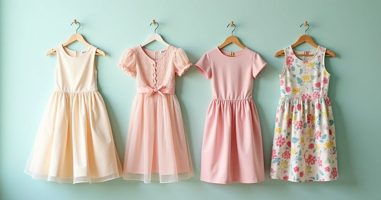 Vários vestidos infantis femininos de diferentes modelos expostos lado a lado 