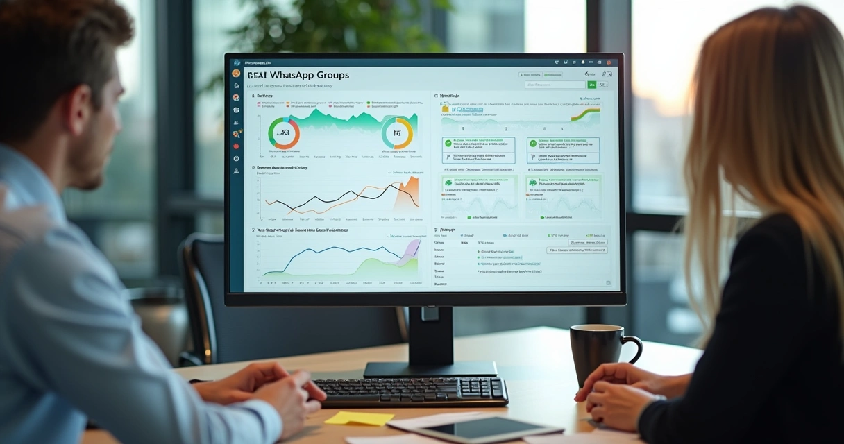 Painel digital com gráficos de monitoramento de grupos de WhatsApp em tempo real 