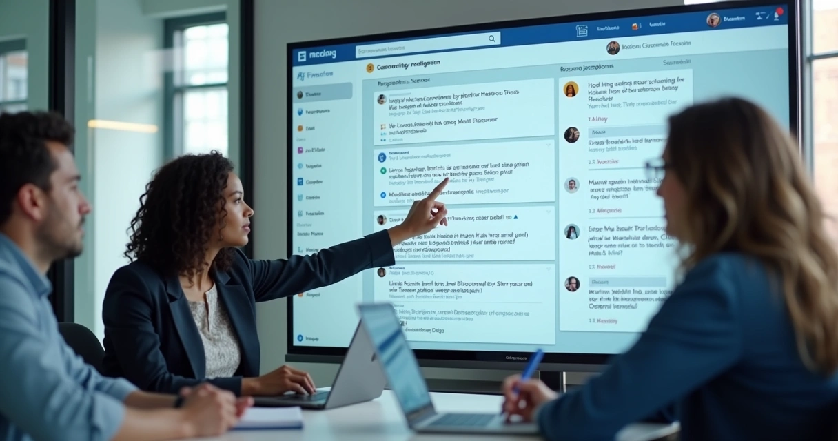 Equipe moderando interações em comunidade virtual 