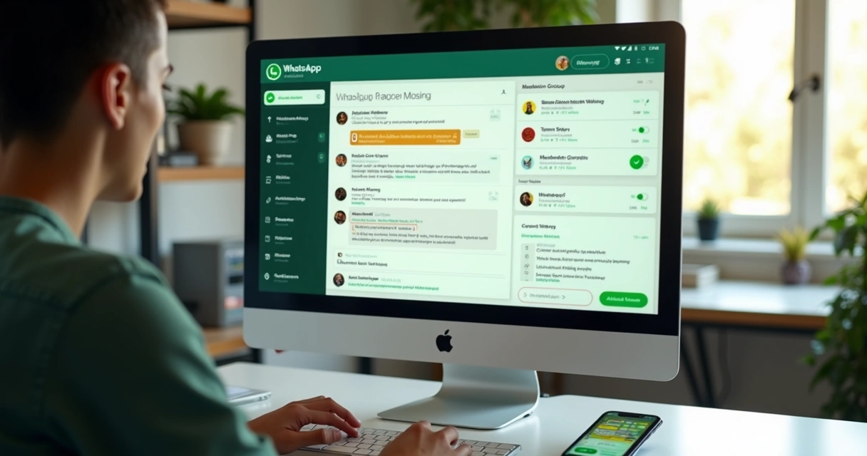 Administrador configurando moderação de mensagens em um grande grupo de WhatsApp em um painel no computador 