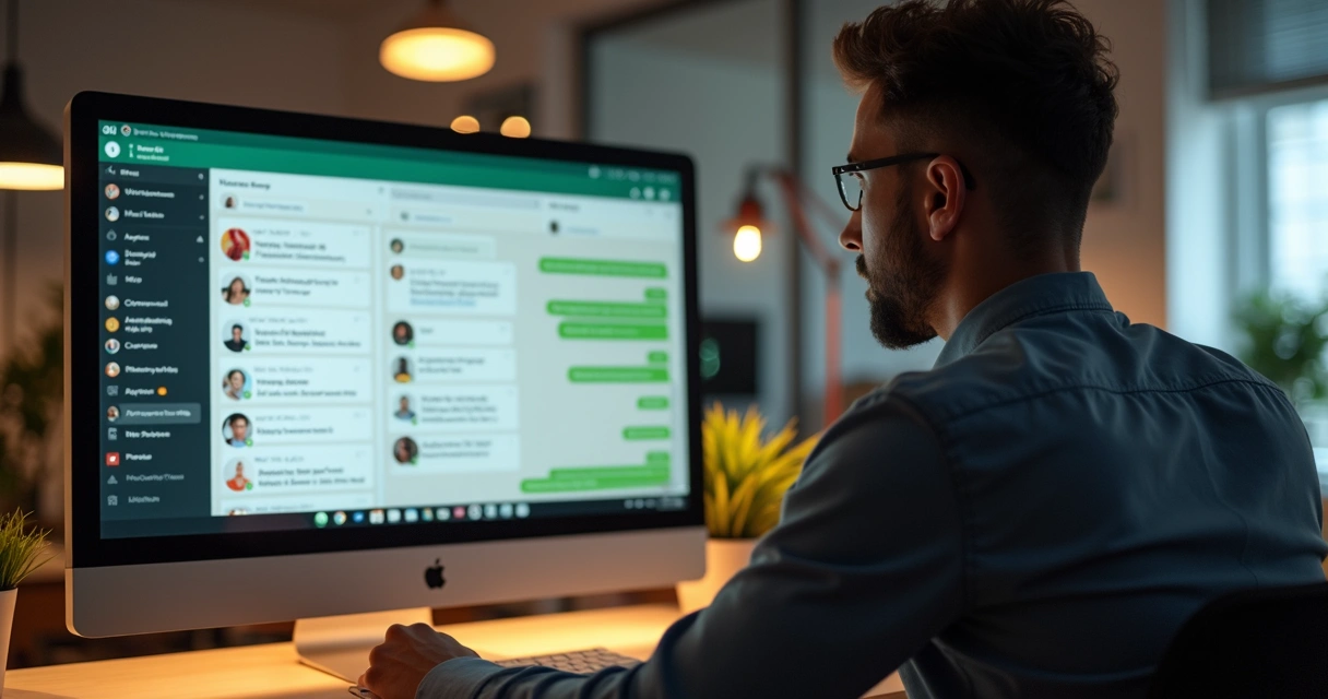 Administrador usando computador para moderar grupo no WhatsApp.