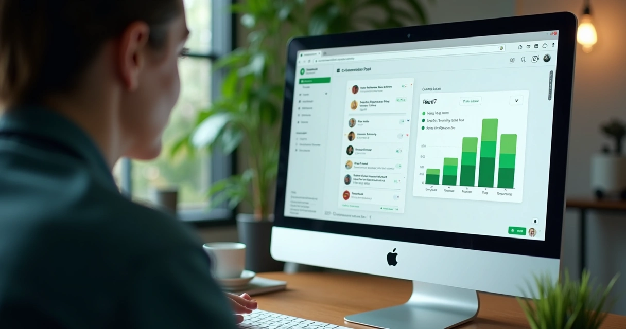 Pessoa analisando estatísticas de grupo de WhatsApp em tela de computador 