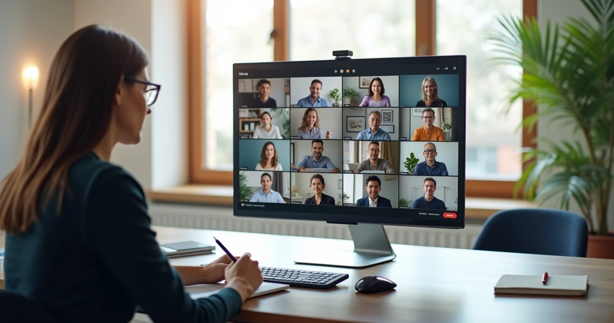 Pessoa moderando reunião virtual com atenção às interações do grupo 