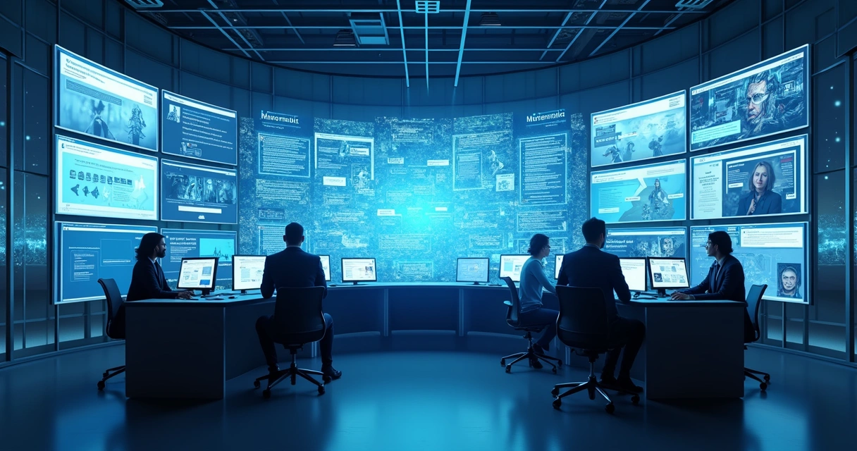 Central de moderação digital com telas analisando conteúdo 