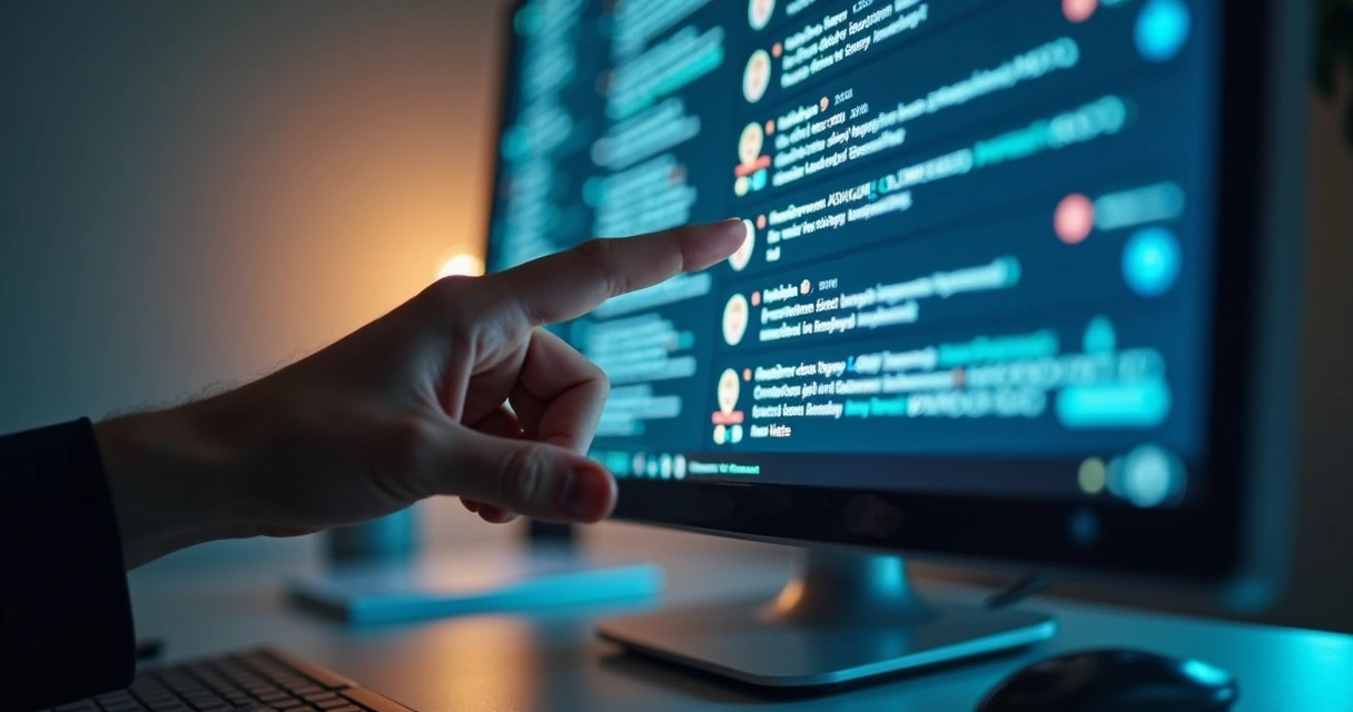 Mano frente a pantalla con comentarios y símbolos de moderación digital