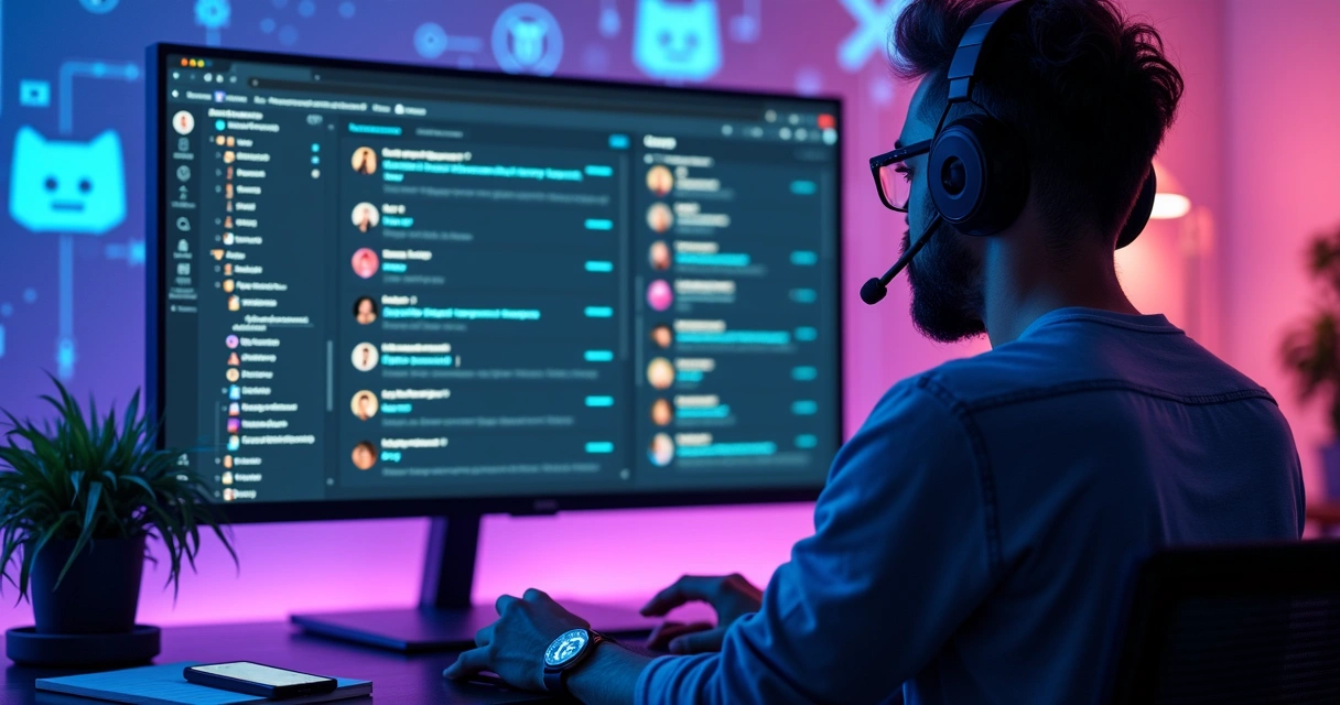Moderador gerenciando comunidade tech em grupo Discord com computador e chat ativo 