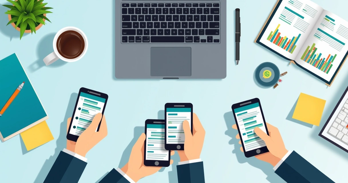 Moderador de grupo olhando vários celulares ao mesmo tempo, analisando grupos de Whatsapp 