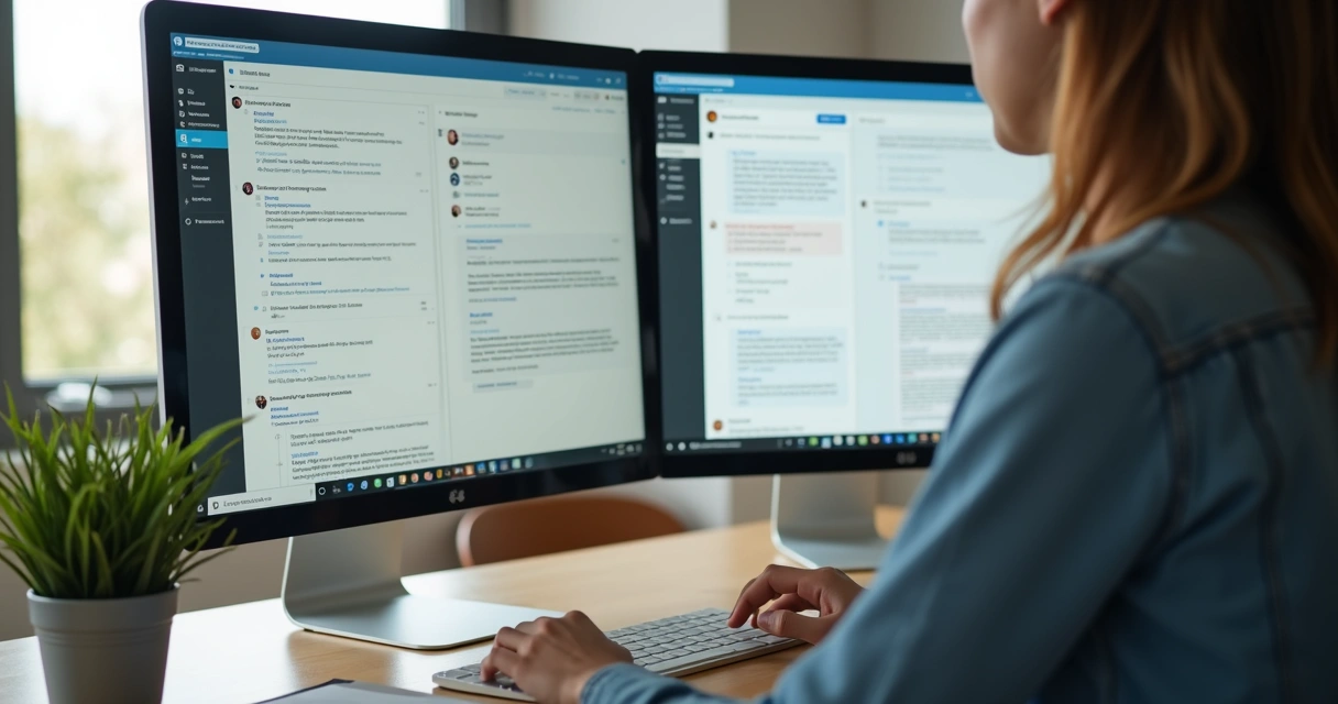 Moderator guiding a calm online discussion on multiple screens