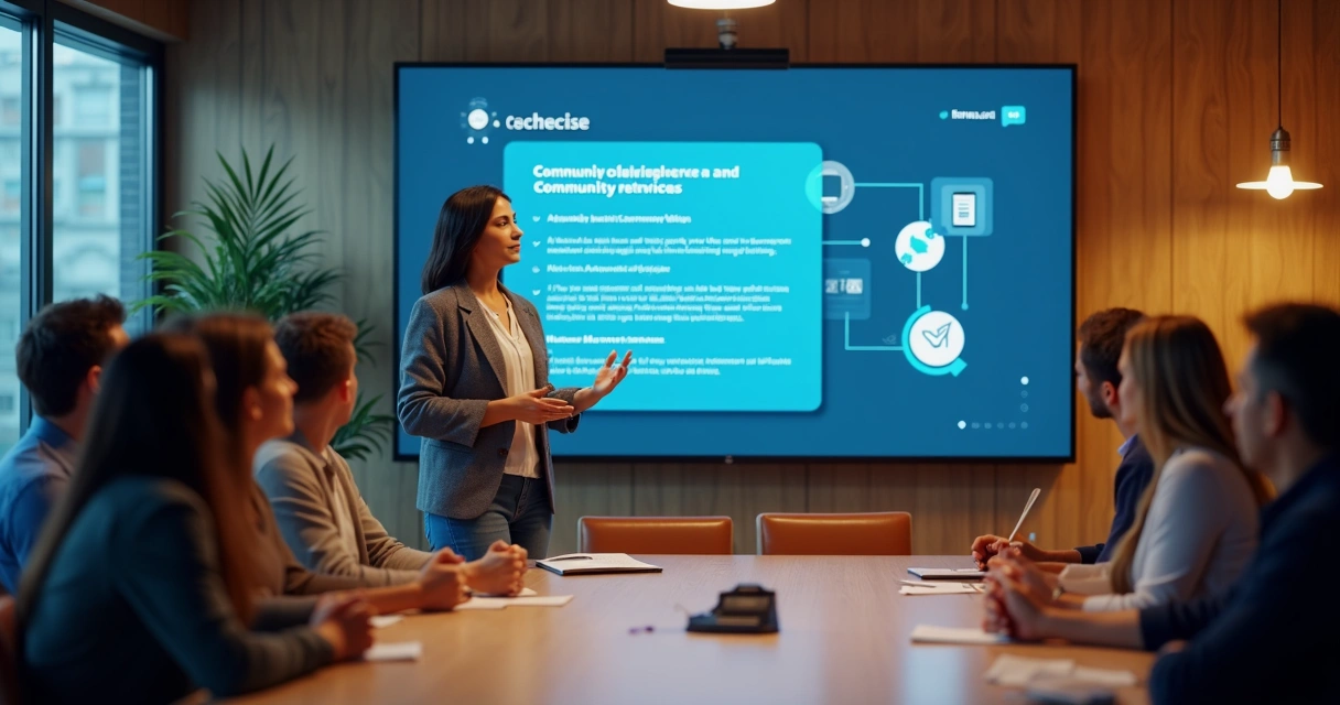 A moderator presenting community guidelines to group members on a large digital screen.