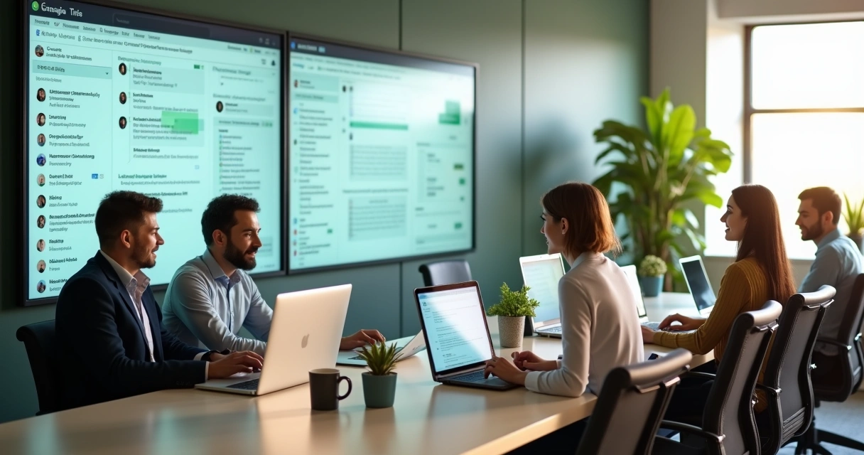 Equipe de administradores de condomínio usando plataforma digital integrada com WhatsApp 