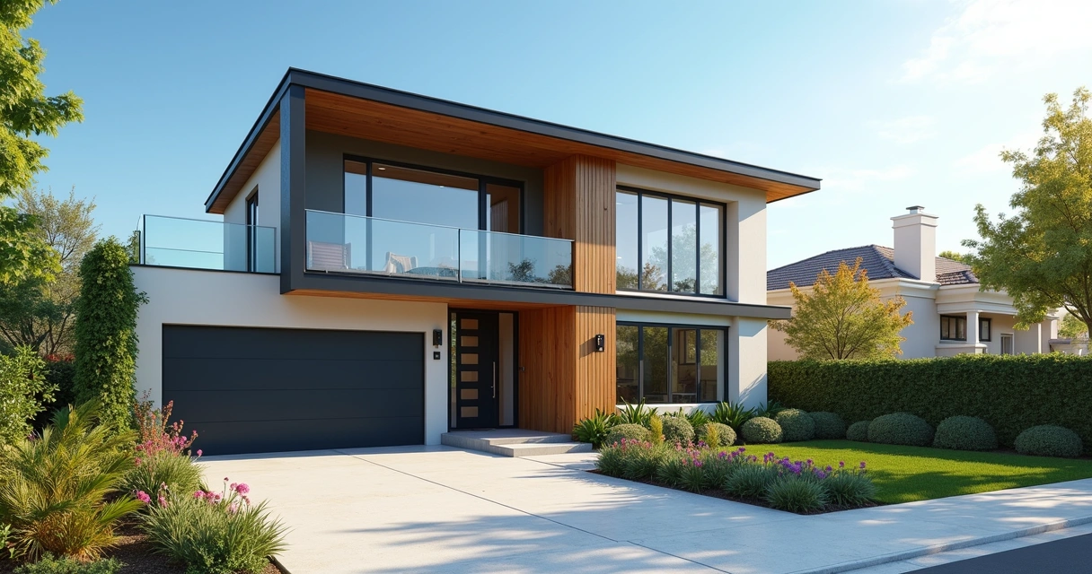 Exterior view of a modern residential property ideal for Airbnb rental with vibrant landscaping and clear skies