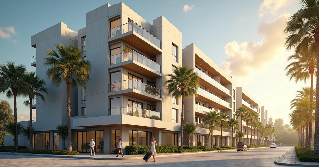 Modern apartment building with palm trees in the USA, bright sky