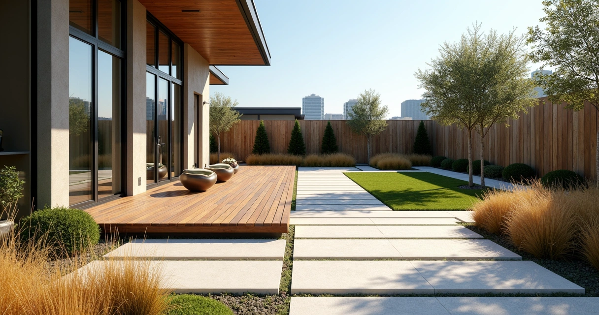 Modern patio with stone and grasses in Austin