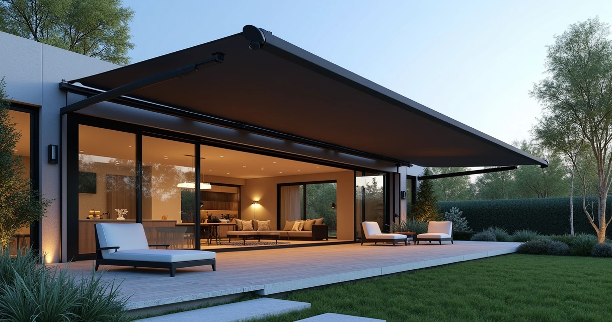 Modern patio with large motorized awning extended over seating area 
