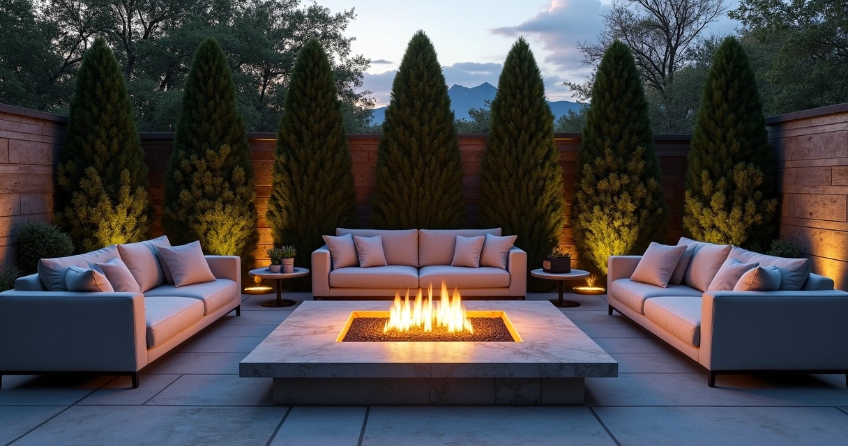 Outdoor lounge with contemporary fire feature, comfy seating, and Austin skyline