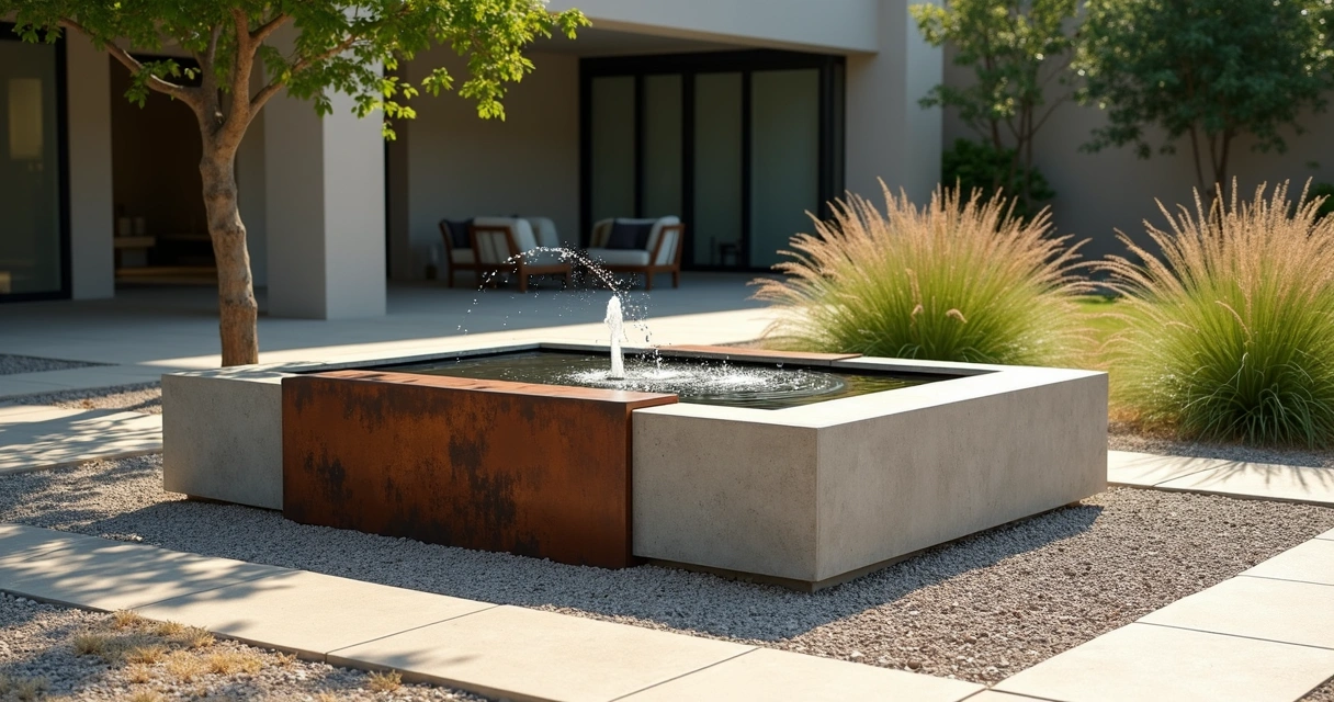 Modern concrete and steel fountain in a landscaped backyard 