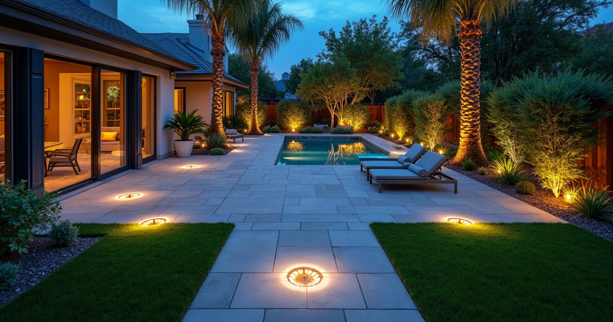 Bird’s-eye view of modern backyard with lit paver patio, turf, and pool 
