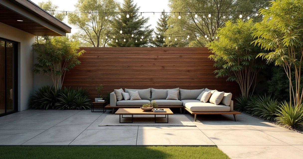 Modern backyard with privacy screen and lush landscaping 