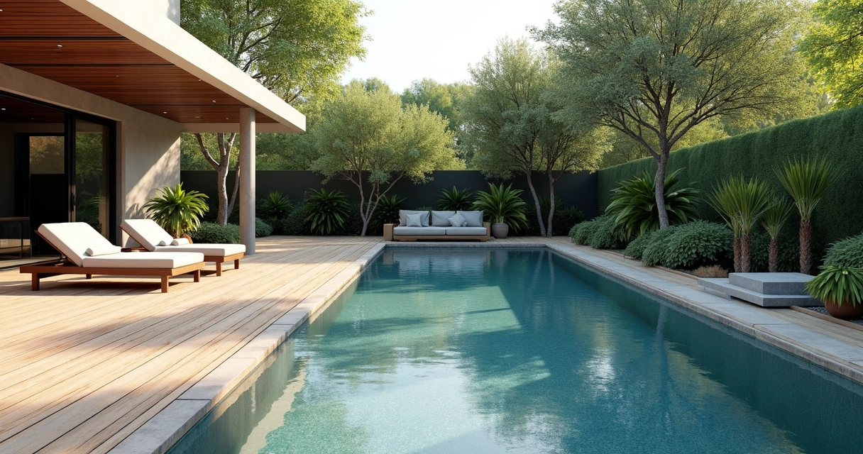 3D rendering of a modern backyard with pool and pergola