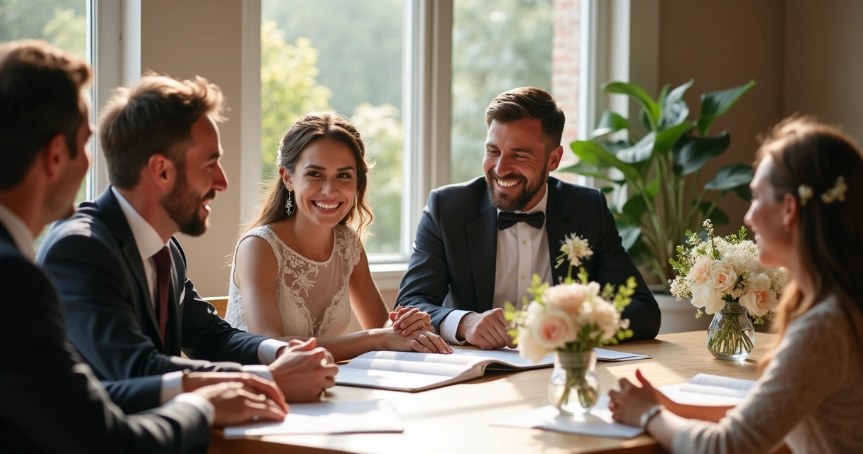Civil wedding celebration with diverse couples and families