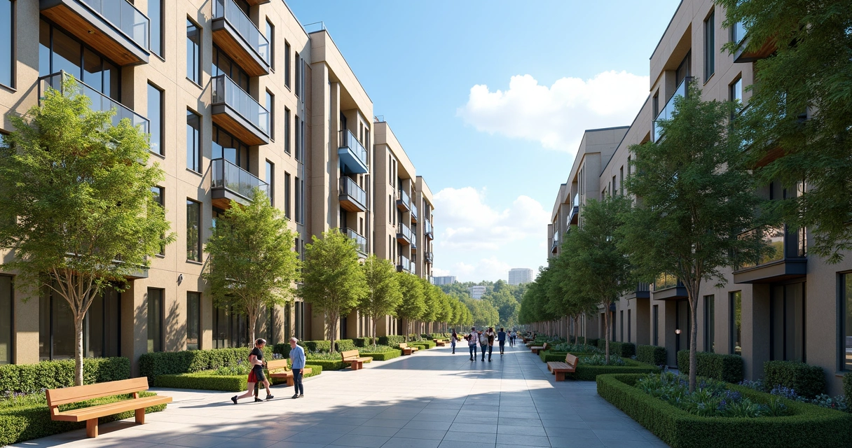 Modern cooperative apartment complex with landscaped walkway