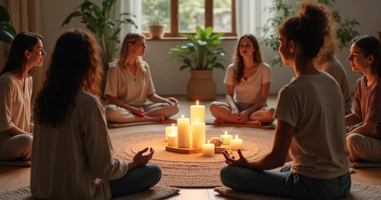 Modern group sitting in a circle, candles in center 