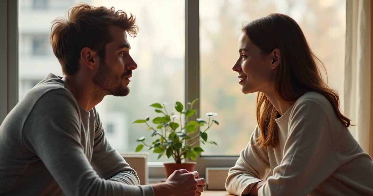 Two people sitting at a table, talking sincerely over coffee. 