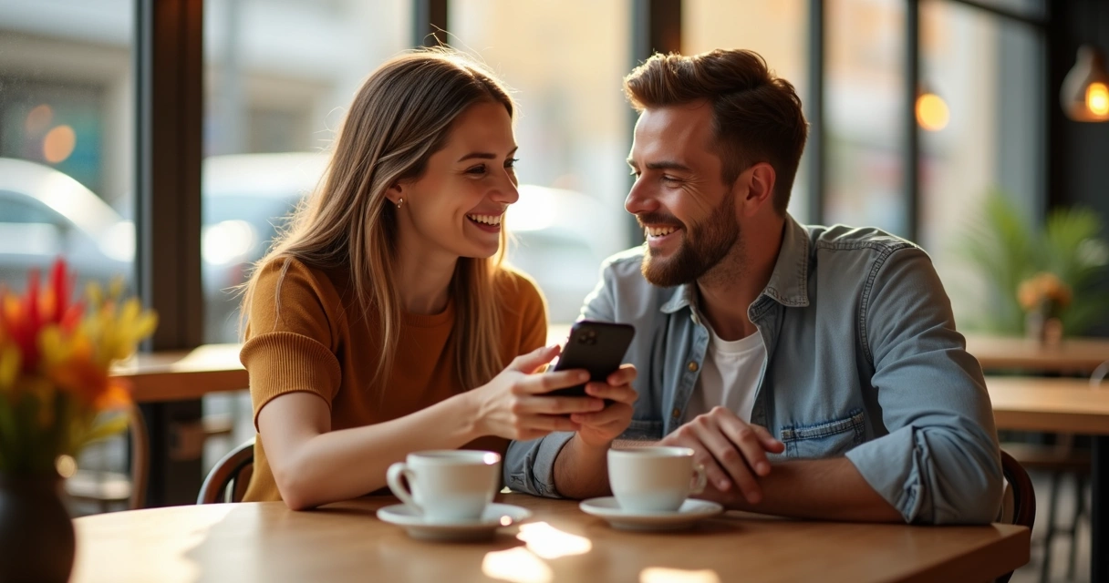 Modern couple smiling and talking in a casual setting