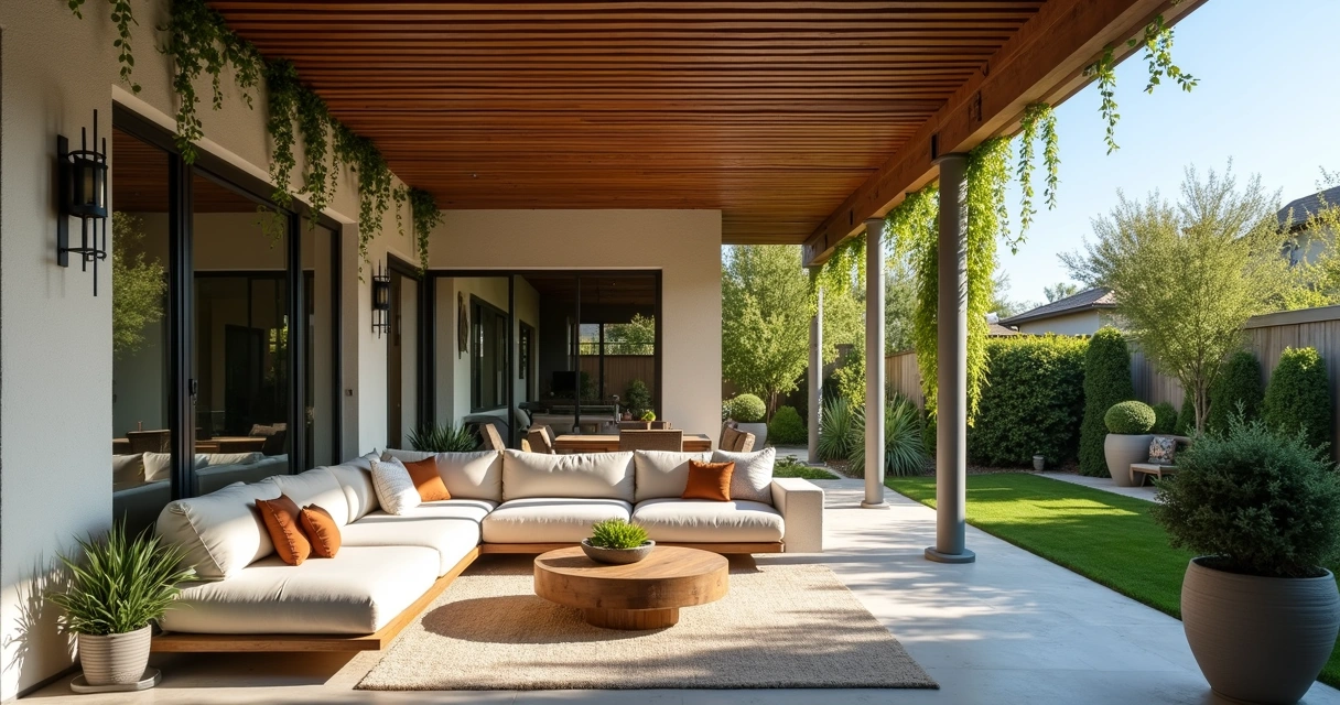 Contemporary covered patio with pergola and outdoor seating 