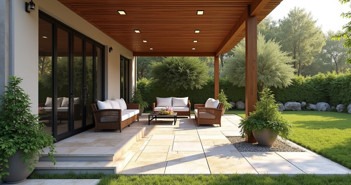 Modern covered patio with various flooring types 