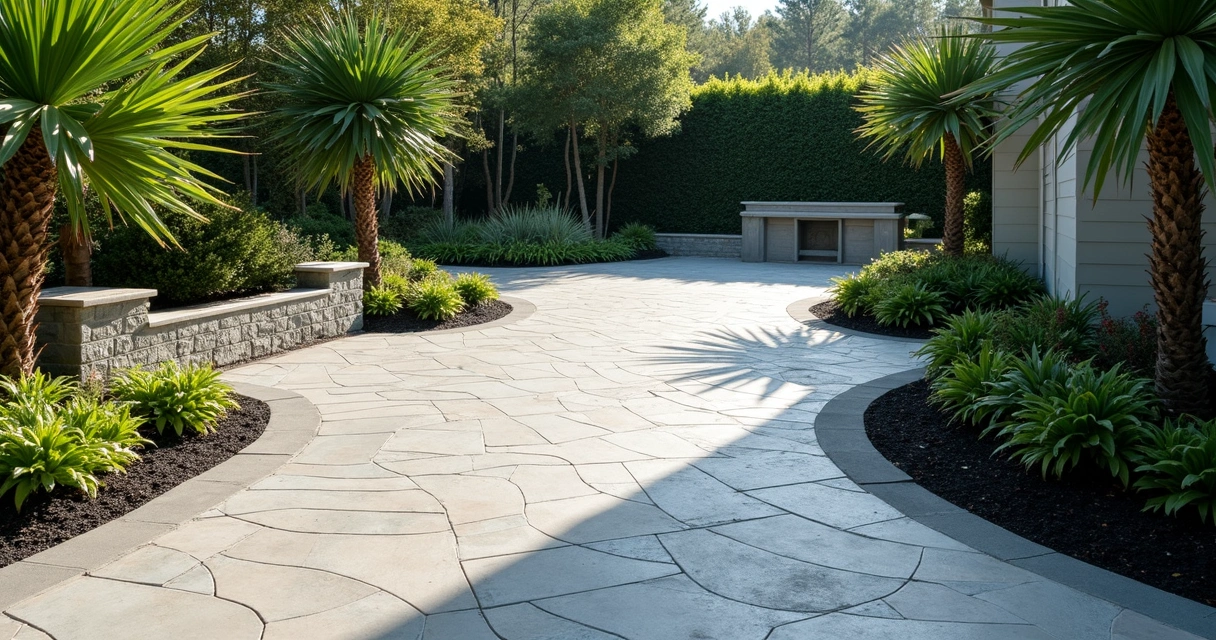 Modern curved paver patio with landscaping