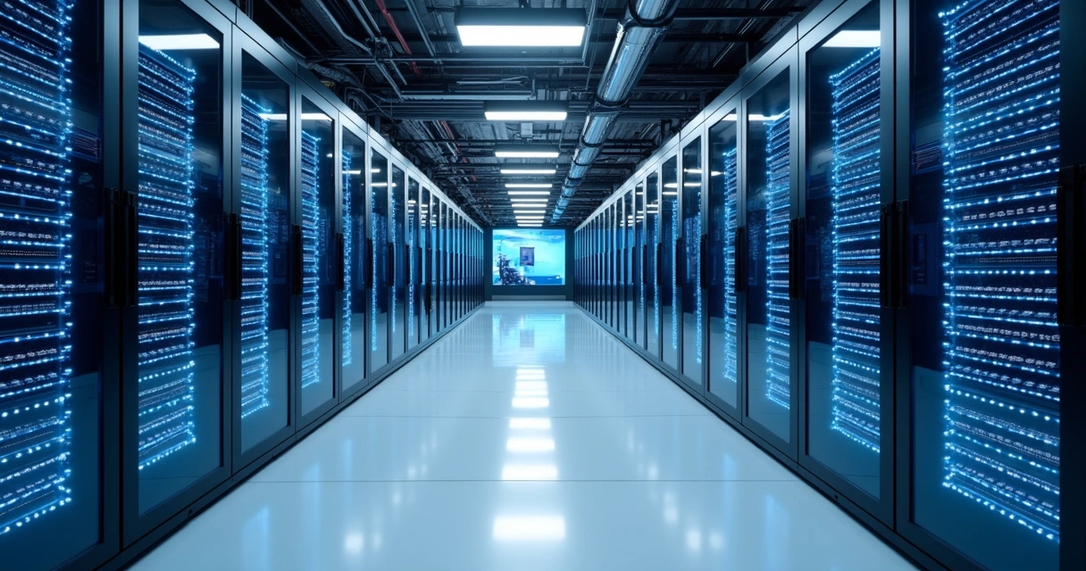 Rows of modern data center servers with bright LED lights 