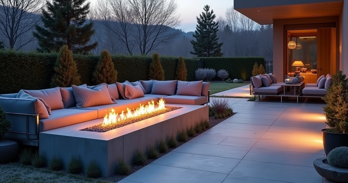 Modern fire feature on patio in winter