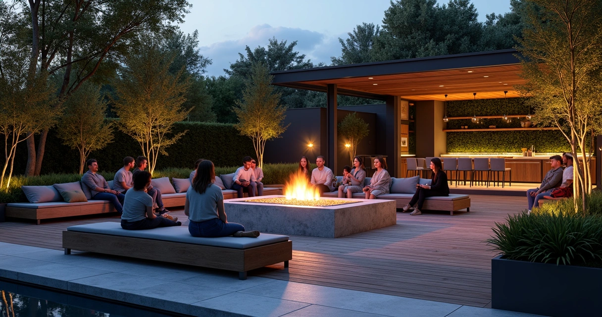 Modern fire pit in spacious backyard with group of people 