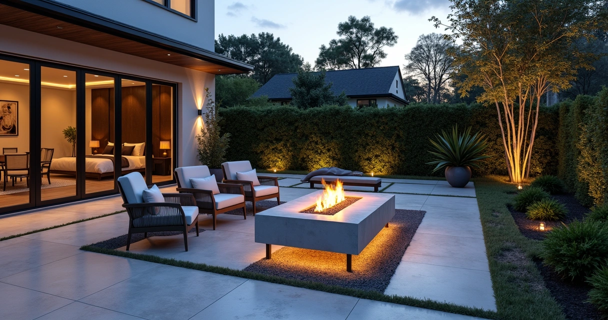Gas fire pit on modern patio with seating