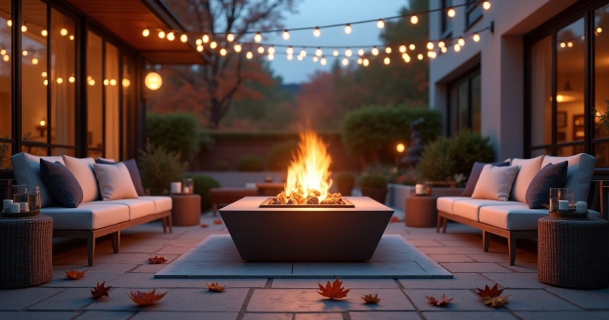 Modern fire pit in outdoor patio surrounded by fall foliage