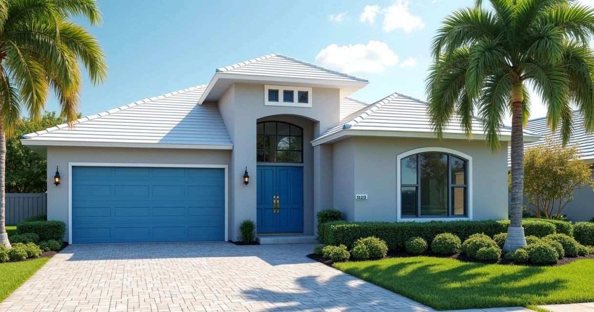 Modern Florida house with light colors and blue door 