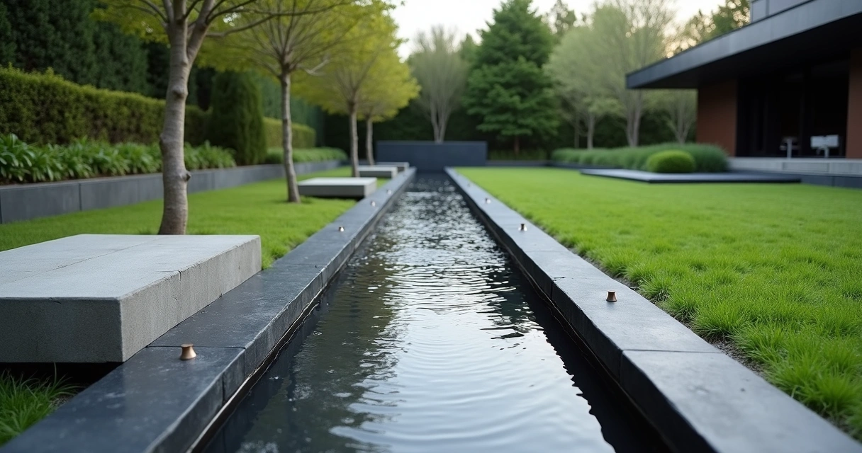 Modern garden rill water channel between plants 