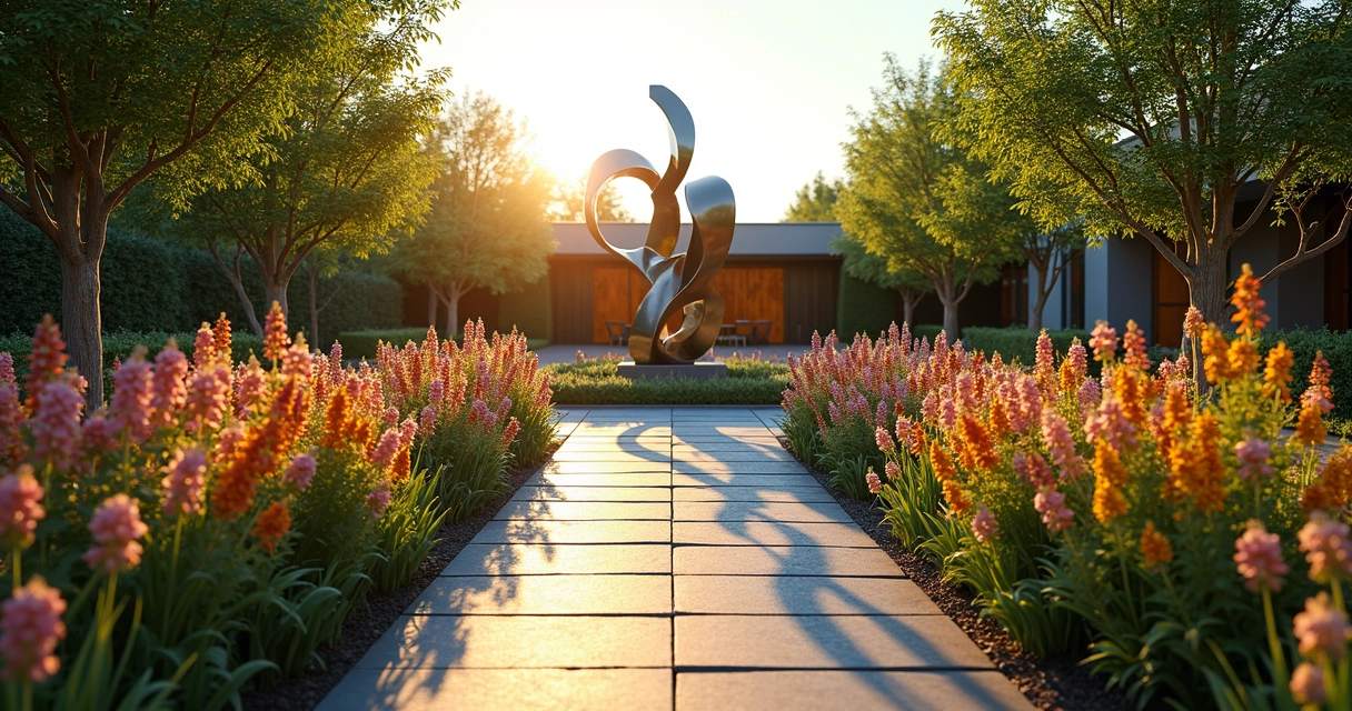 Contemporary steel sculpture along a garden path 