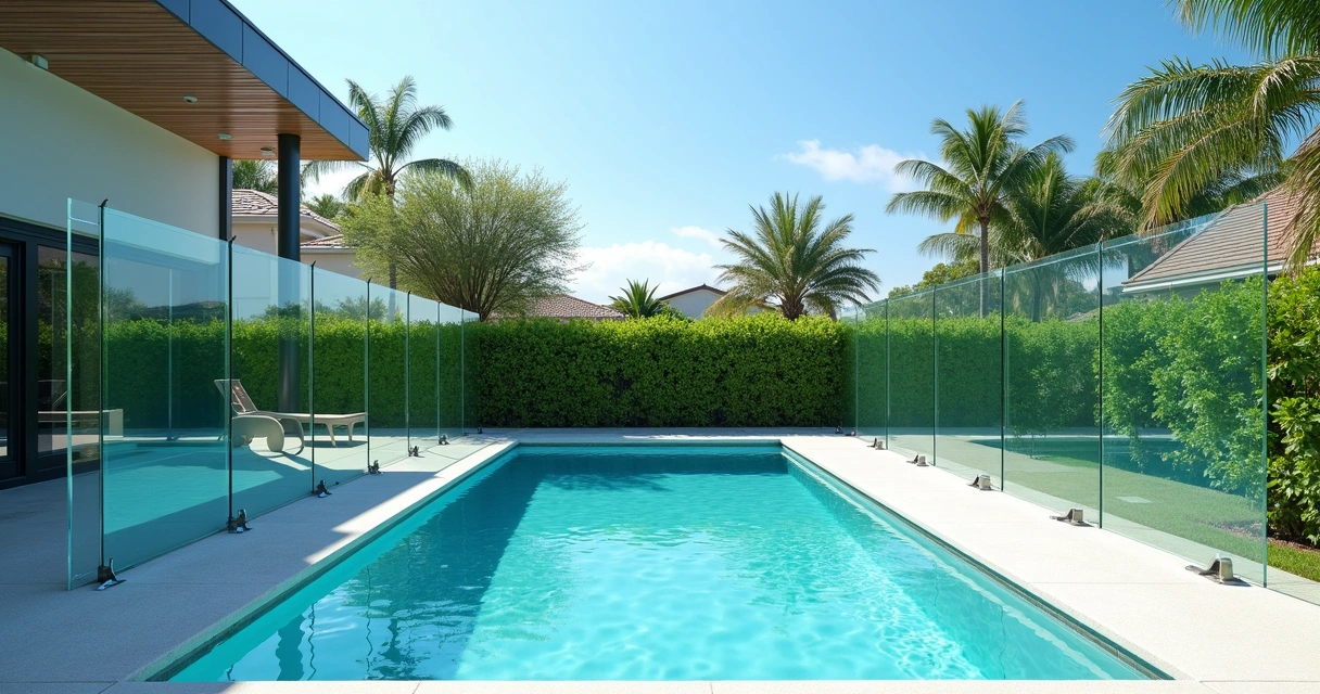Glass fence panels around modern backyard pool and garden with clear view 