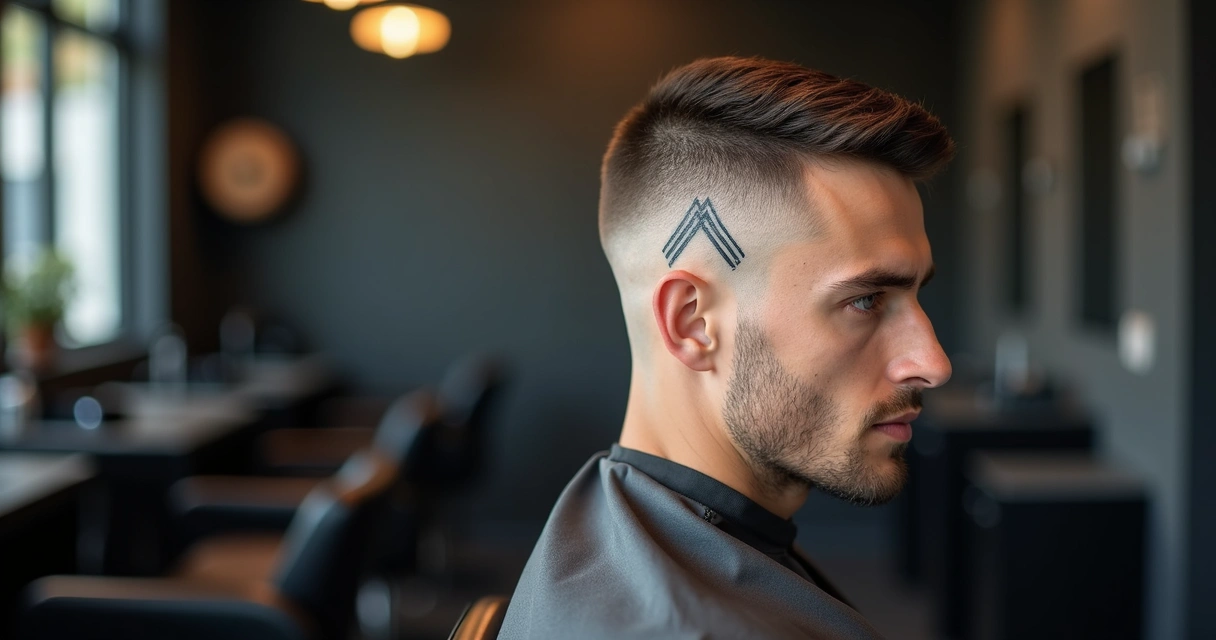 Portrait of a person with a geometric hair tattoo and clean fade haircut